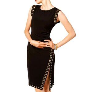 Michael Kors Black Solid Maxi Dress, Sleeveless Gold Side Studs Squares XL NWT